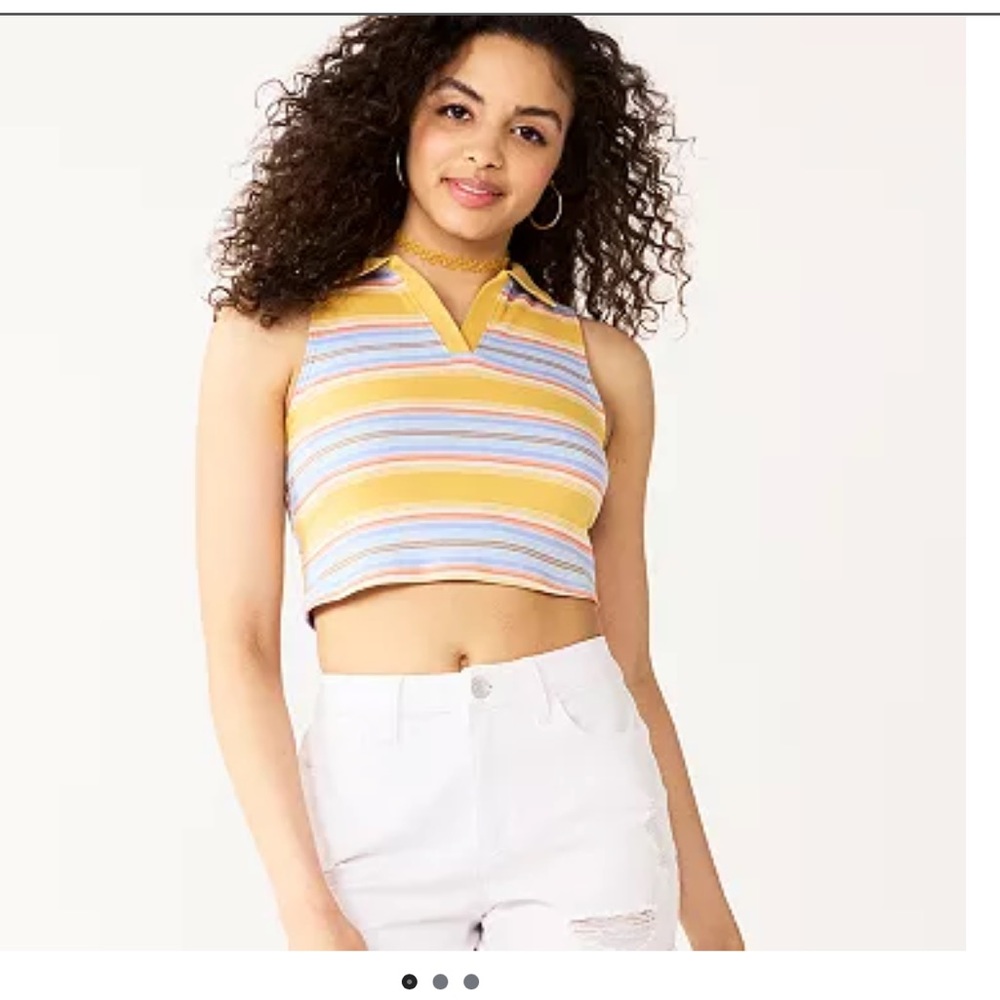SO® Collared Cropped Polo Tank-Blue Gold Stripe